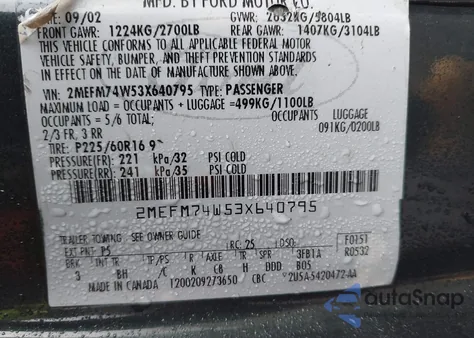 2003 Mercury Grand Marquis Gs from USA, damaged, VIN 2MEFM74W53X640795